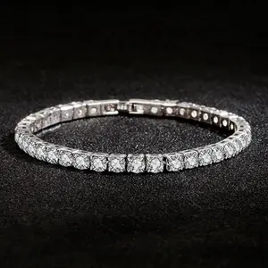 4mm  Tennis Chain Round Cubic Zirconia Diamond Cuban Link  for Women  Silver Color 6.7/7.5 Inch bracelet men