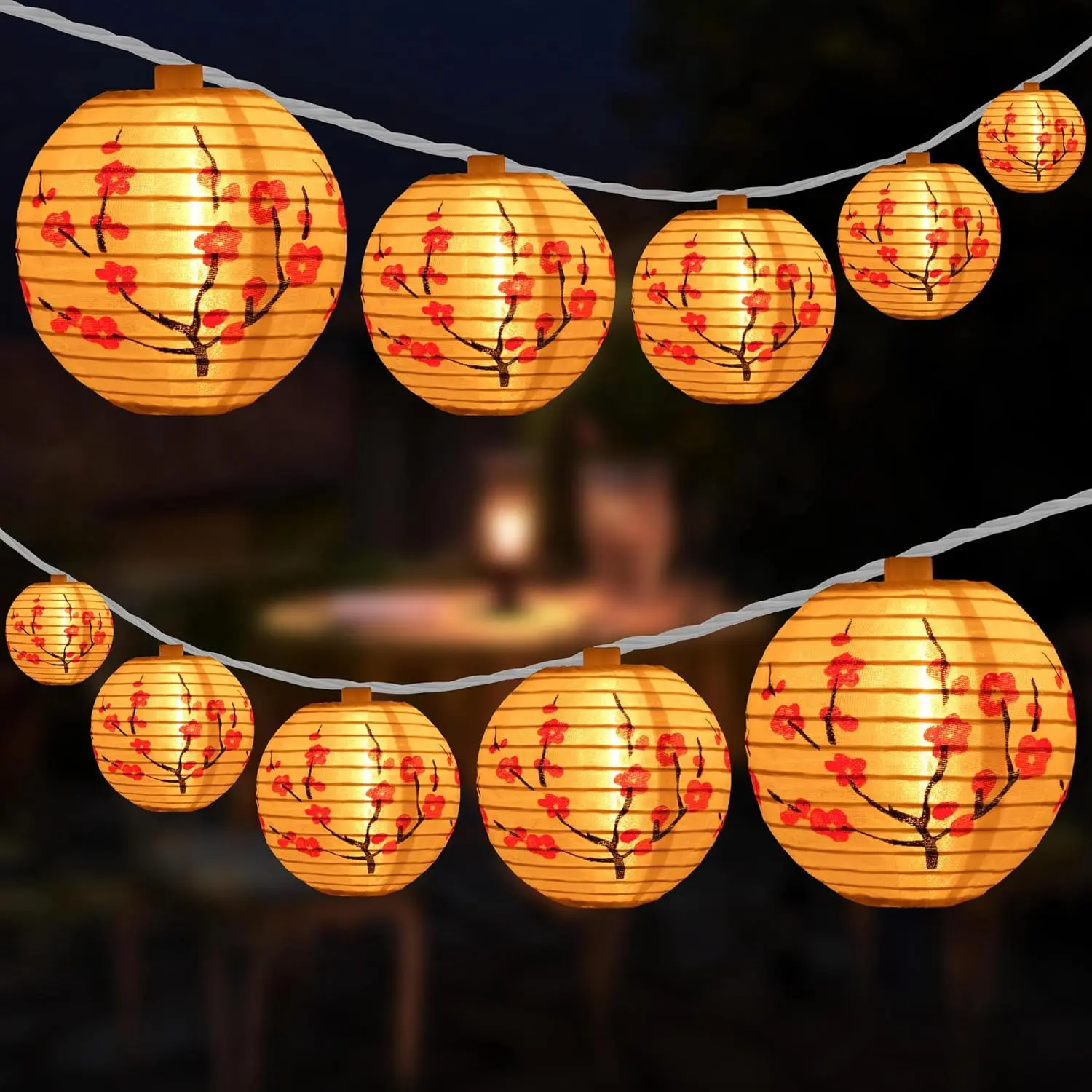 10 Count Lantern with 11' White Wire String Lights, 12" Spacing Plug-in Lantern String Lights (Plum Blossom)