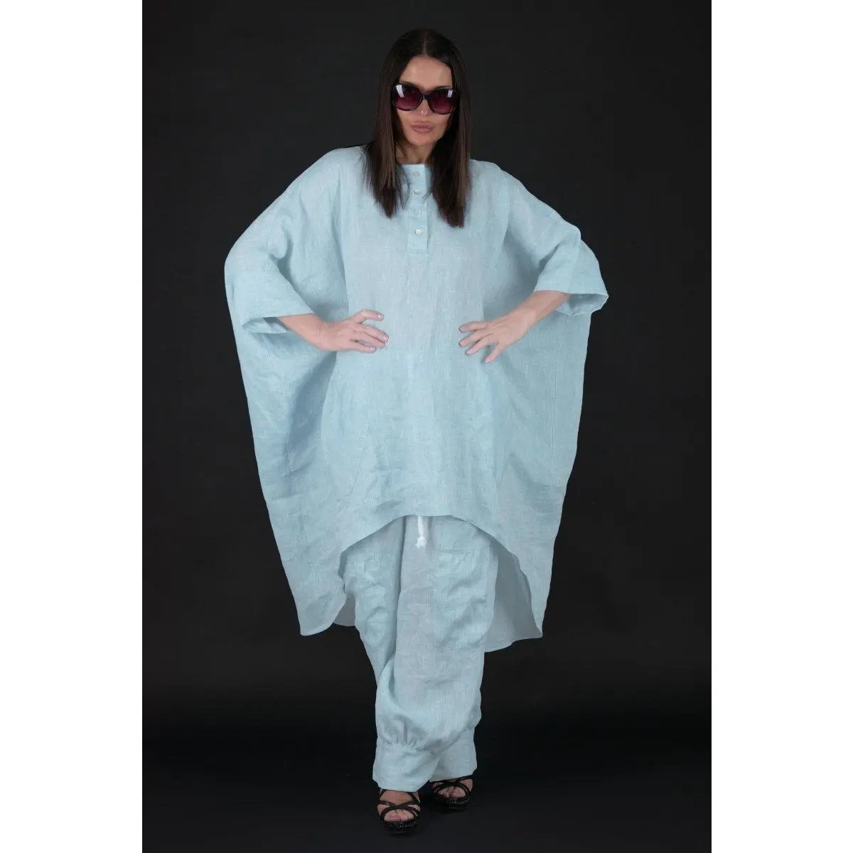 Two Pieces Wide Linen Set ALISON -  with Long Top and Pants in Breathable Design, Elegant Evening Wear for Women