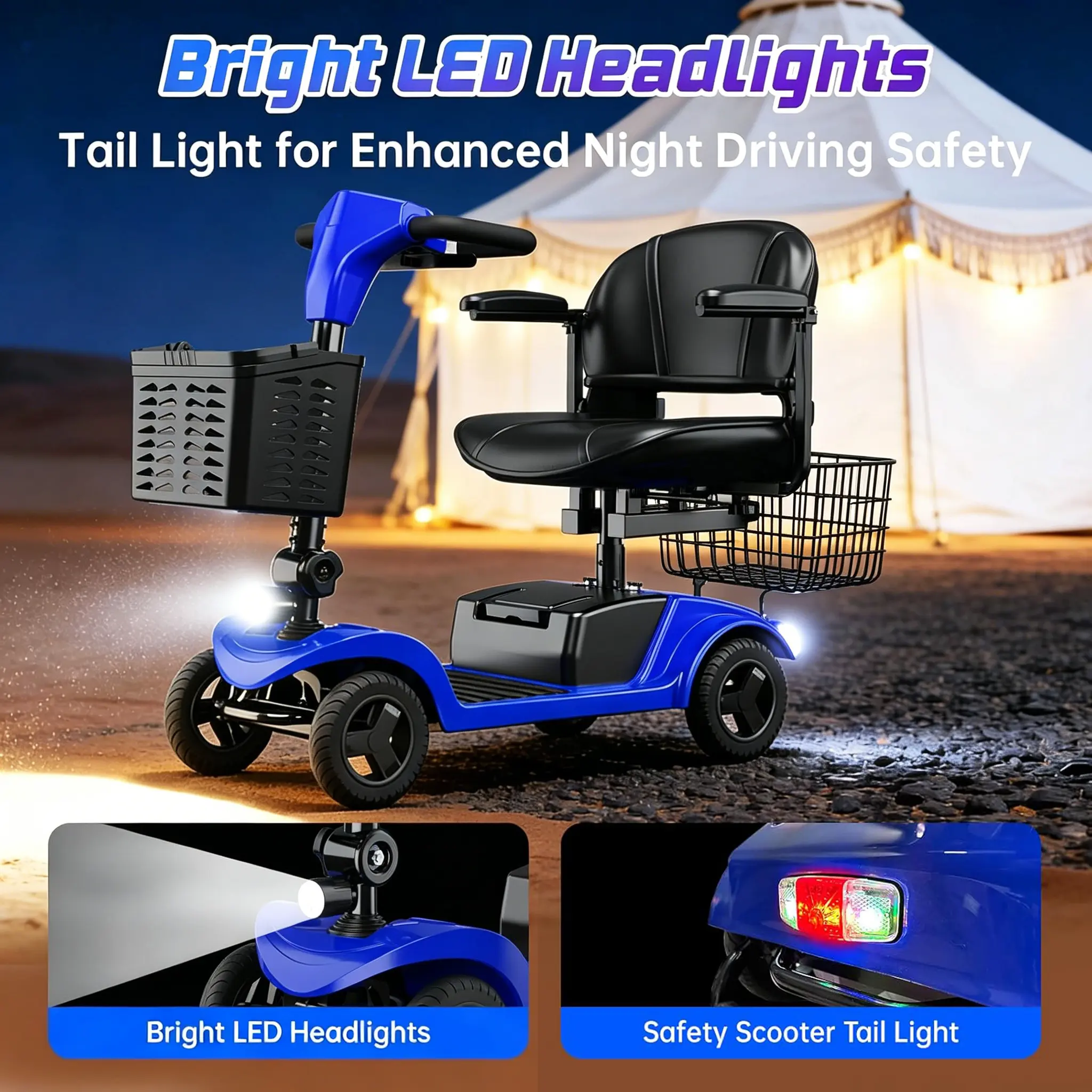 Adult 4-Wheels Motorized Mobility Scooter - 300 lbs Capacity, 350W Power, Rechargeable Detachable Battery, Dual Baskets, Included Charger, Lightweight Portable Elderly Mobility Solutions Medical Aid