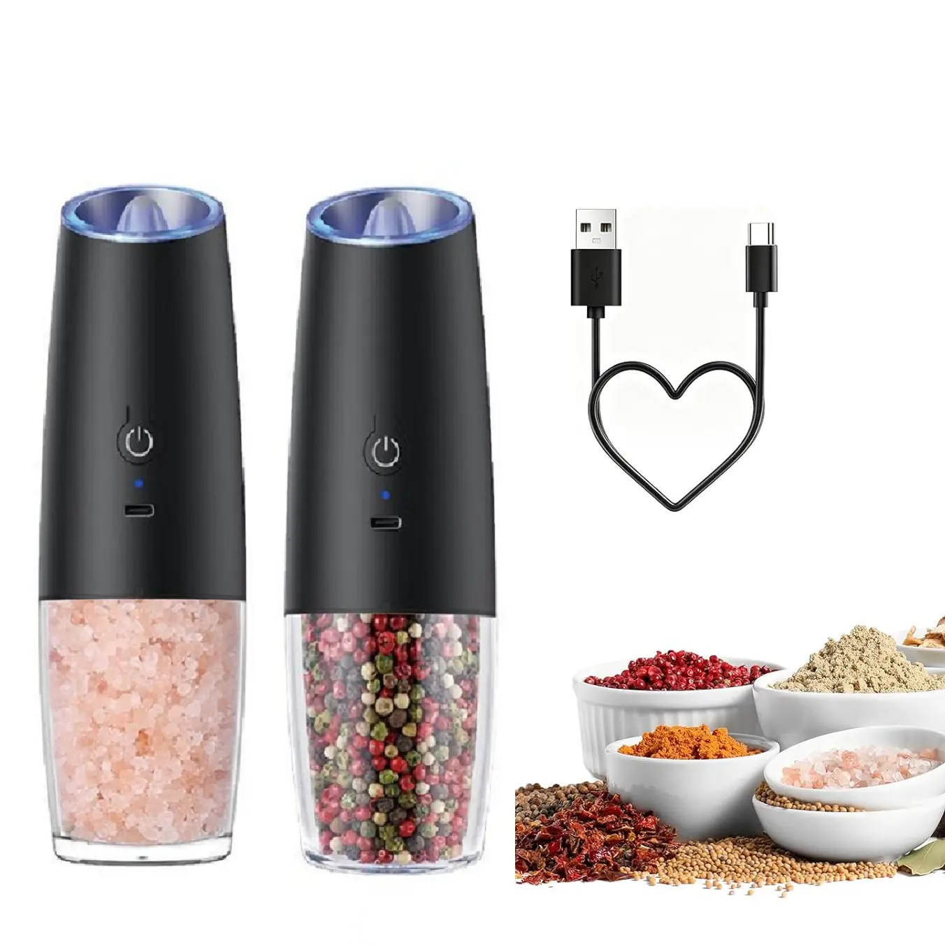 Fathersdaygift Summervibes GlowUp Electric salt and pepper grinder set,adjustable coarseness with LEDlight, 2-pack, one-handed kitchengrinder, large capacity automatic saltand pepper grinder, suitable forkitchen,Utensils KitchenwareCeramic Seasoning