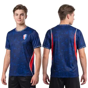 Men Navy Blue City Print Short Sleeve Soccer Jersey Red Side Stripe Casual Sport Fan Football T-Shirt