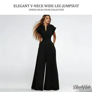 2026 Spring Black Solid Jumpsuit | V-Neck Cap Sleeve High Waist Wide Leg Jumpsuit