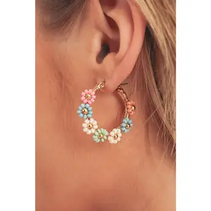 Pink Colorful Flower Hoop Earrings - Elegant Design with Colorful Flower Accents