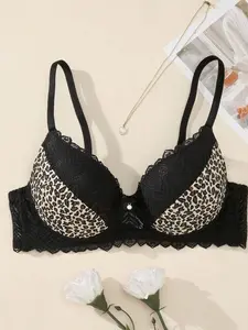 Leopard Print Lace Spliced Bra With Underwire Fantasy-Elegant Push Up Adjustable Straps Multicolor High Support Medium Stretch Fabric for Bride Everyday Wear