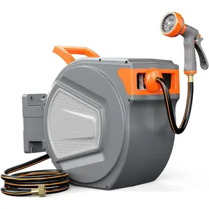 Retractable Garden Hose Reel 65-150ft, Wall-Mounted Water Hose with 9-Pattern Nozzle, 180° Swivel, Any Length Lock – Heavy-Duty for Yard, Car & Outdoor Use