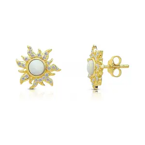 BERRICLE Sterling Silver Sun Sunburst Halo Stud Earrings for Women, Opal-White Cubic Zirconia CZ, Yellow Gold Flashed/Rhodium Plated