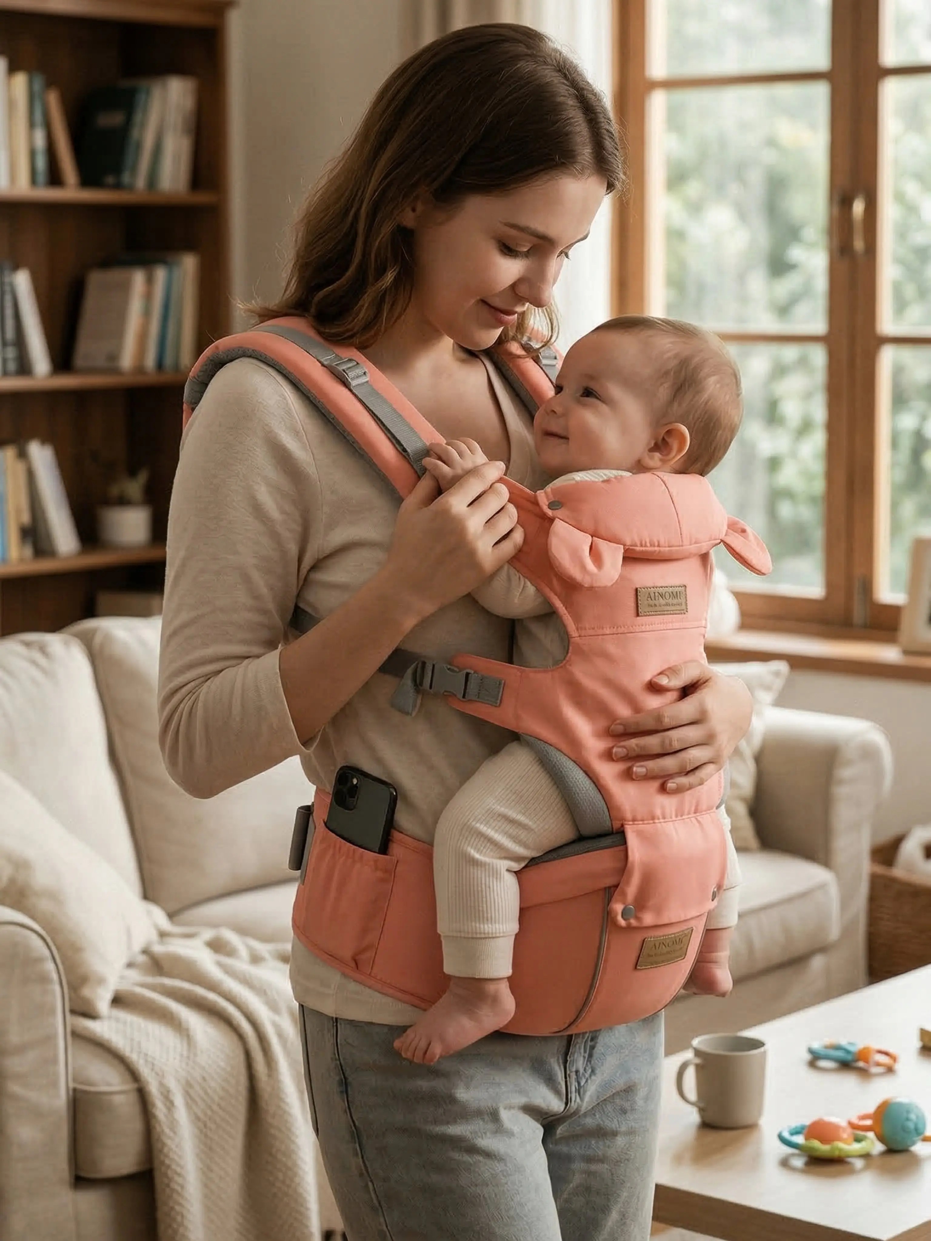 Ainomi 6-in-1 Safety-Certified Front-Facing Baby Harness Carrier, Adjustable Detachable All-Seasons Sling with Hip-Healthy Design, Logo Print, Lumbar Support, Lightweight for Newborns - Ideal for Shopping, Travelling, Harness Carrier Baby Carriers