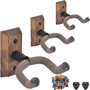 Guitar Wall Mount 3 Pack with 40 count Guitar Picks, Black Walnut  Guitar Hanger, Rotatable U-Shaped Guitar Wall Hanger, Guitar Hook for Acoustic Guitar, Electric Guitar, Bass, Brown