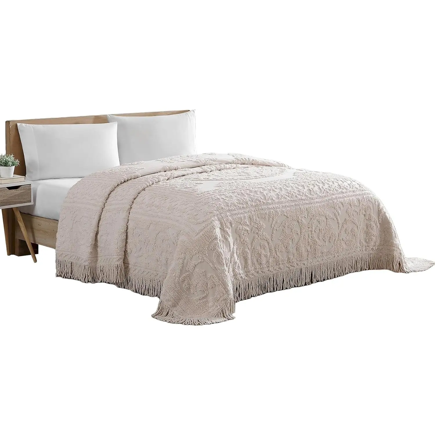 Blush Pink Cotton Tufted Medallion Chenille Bedspread - Twin Size, Vintage Charm, Soft Texture, Centered Medallion, Durable, Fringed Hem, Machine Washable