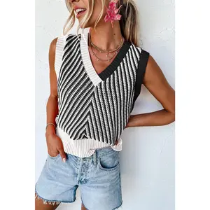 Black Contrast Chevron Knit V Neck Sweater Vest