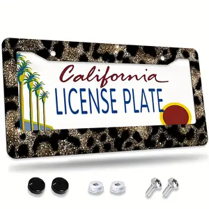1 Piece California Leopard License Plate Frame with Gold Glitter - Rustproof, Waterproof Aluminum License Plate Frame for Car Decoration, Sturdy Fashionable Design, License Plate Frame, Vehicle Personalization, Glitter Surface, Weather-resistant Material