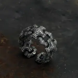 Retro Chained Crosses Adjustable Open Ring For Men Silver-plated Copper Gothic Punk Edgy Jewelry Christian Accessories Cool Gift