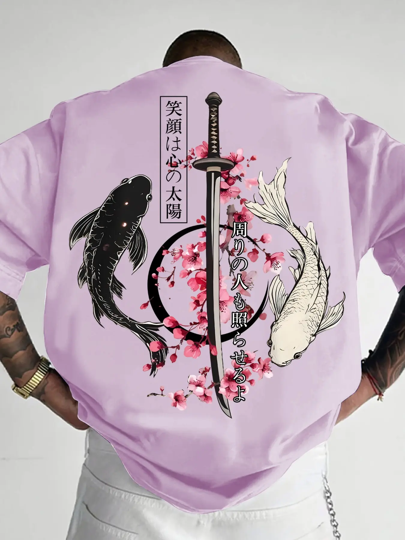 Men's Japanese Cultural Koi & Katana Cherry Blossom Double-Sided Graphic Print T-Shirt, Casual Streetwear Loose Fit Tee, Breathable Summer Top #KoiFishTee #JapaneseStreetwear #DoubleSidedPrintTee #LooseFitTops #TikTokMadeMeBuyIt