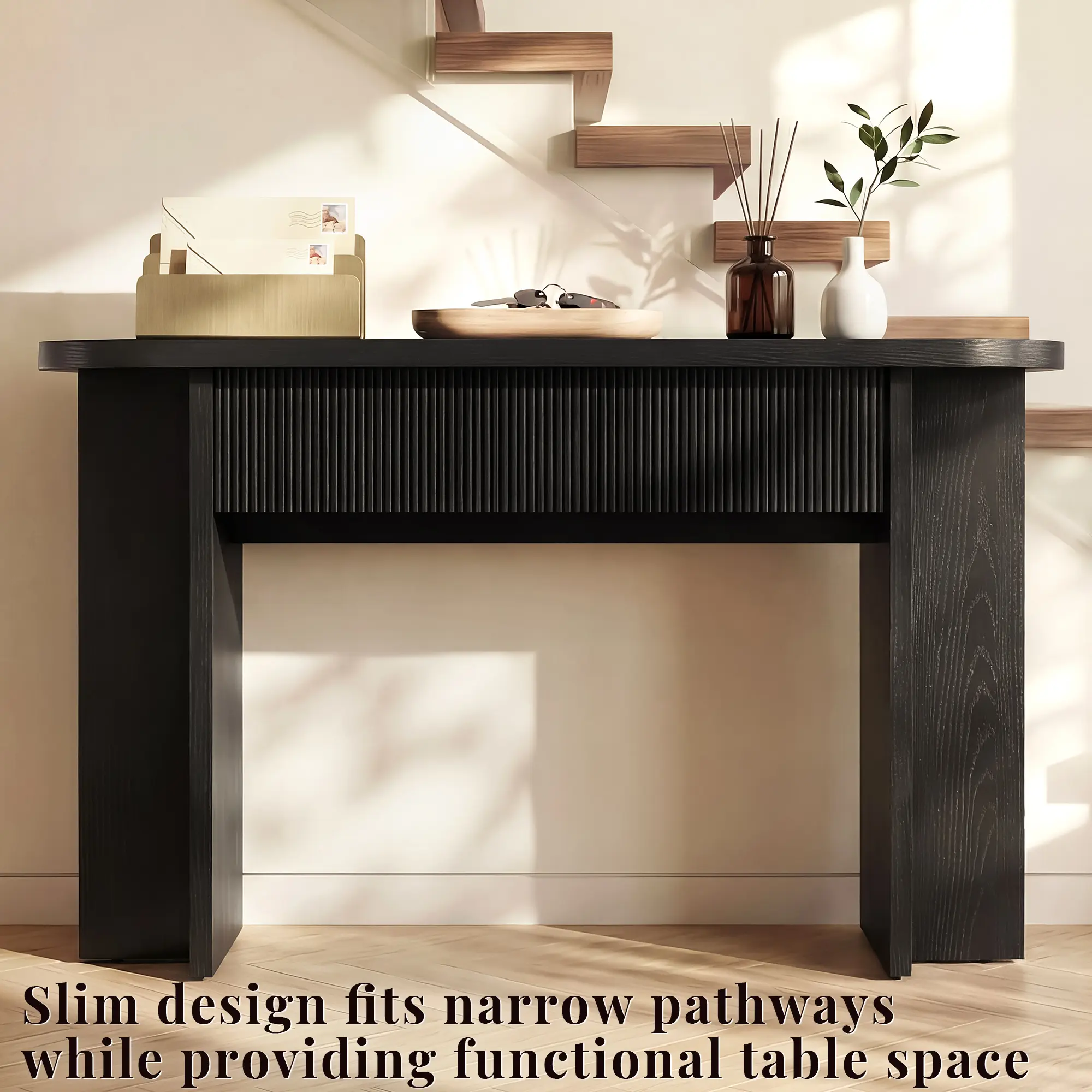 OMCHOM 55"Fluted Console Table with 2 Drawers, Narrow Entryway Table with Rounded Corners, Heavy-Duty Wooden Sofa Side Table, Versatile Accent Table for Hallway, Foyer, Living Room, Black