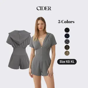 Cider Textured V-neck Ruched Front Romper with Zipper and Hood - Casual Sporty style Jumpsuit Womenswear SummerWins Dealsforyou
