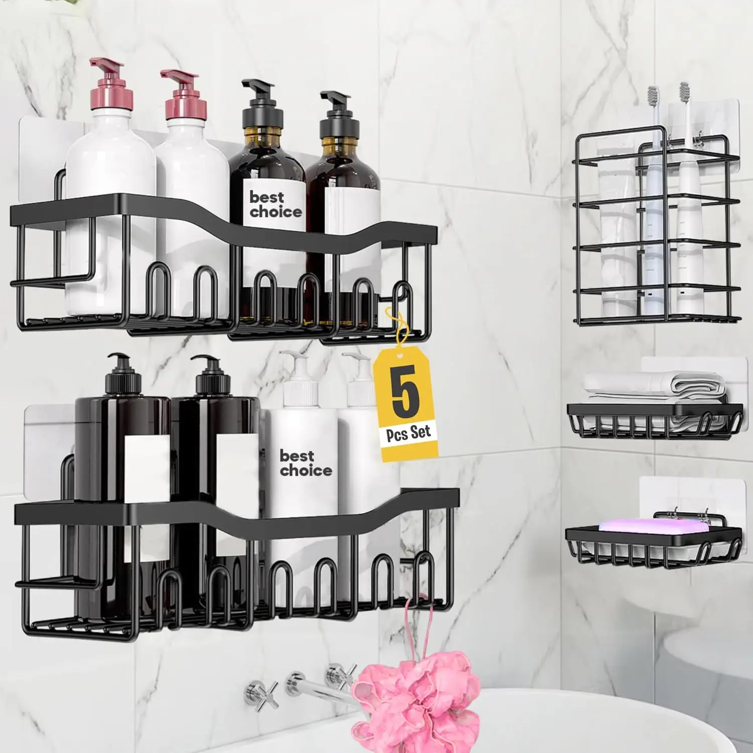 No-Drill Shower Organizer Caddy Set of 5 - Nail-Free Adhesive Wall-Mounted Bath Storage with 2 Large Stainless Steel Racks, 20 Hooks, 2 Soap Holders, 1 Toothbrush Holder, Bathroom Organization Accessories