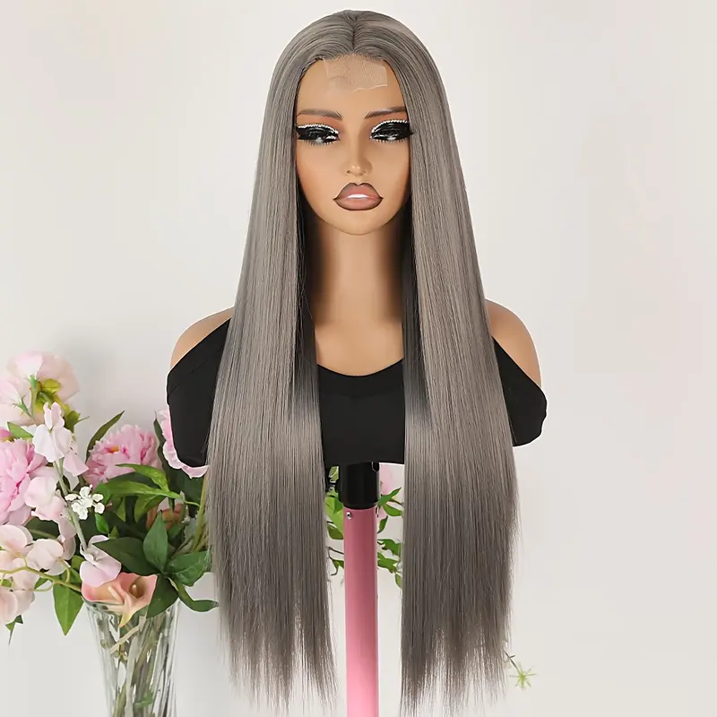 4*2 Inch Dark Grey Wigs for Women Long Straight Synthetic Small Lace Front Wig 26 Inch Middle Part Heat Resistant Gray Hair Replacement Wigs for Cosplay Daily Party Use