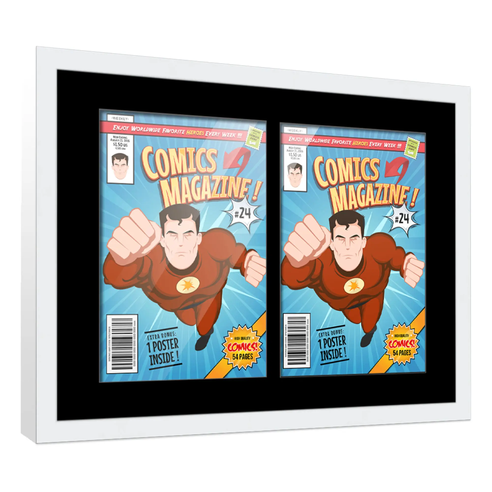 Comic Book Frame with Mat for 2 Silver Age Comics Published Between 1956 and 1970 - White Wood Comic Frame With Black Mat for 7.125x10.5 Comics - 14x18 Frame Size