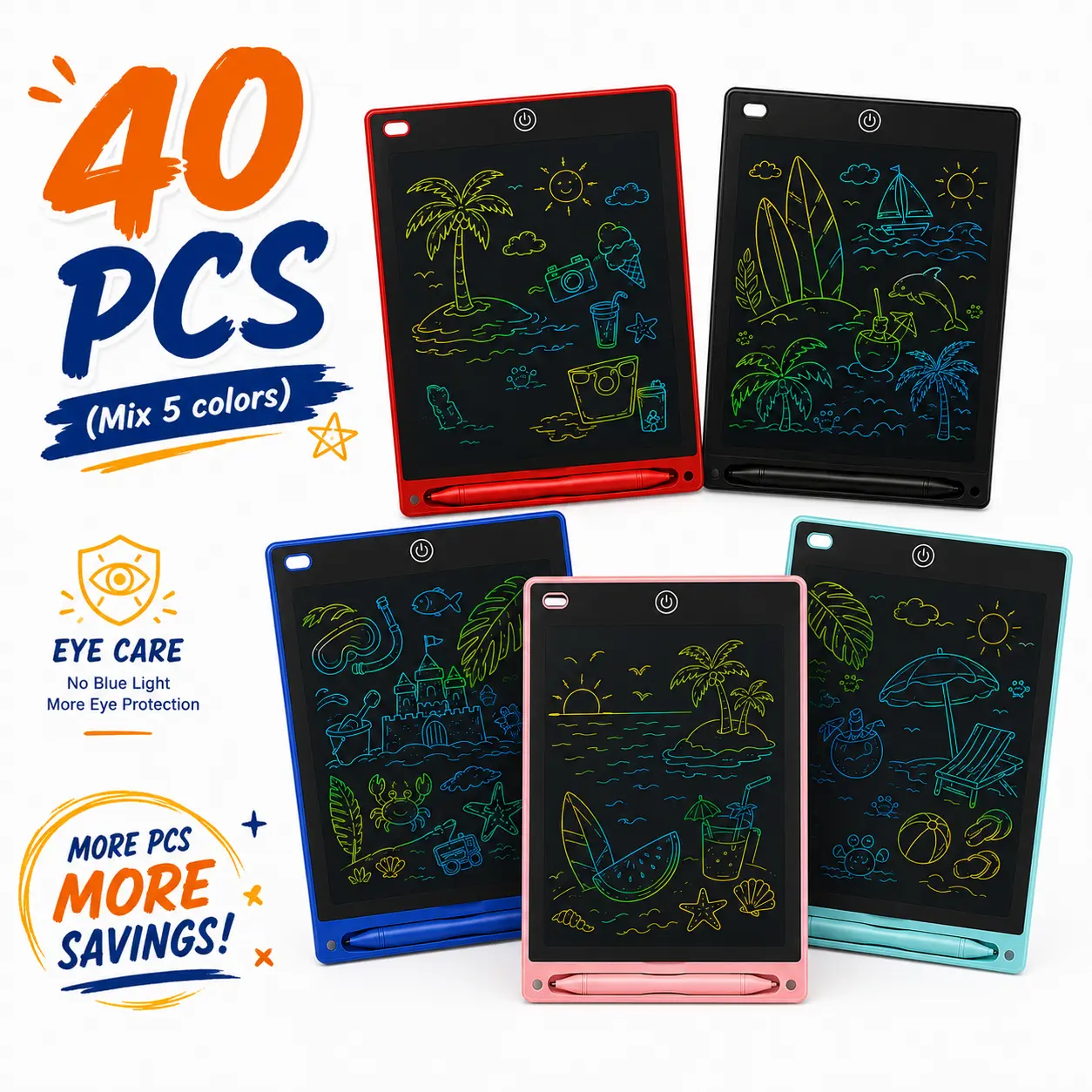 Kids' LCD Writing Tablets (40-Pack, 8.5-Inch) - Colorful Reusable Erasable Drawing Pad, Educational Learning Toys, Pastel & Classic Party Favors for Toddlers Ages 3-8