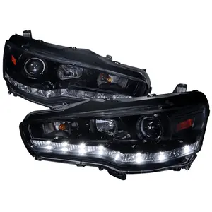 2008-2015 Lancer EVO Projector Headlights w/ SMD LED Light Strip (Glossy Black Housing/Smoke Lens)