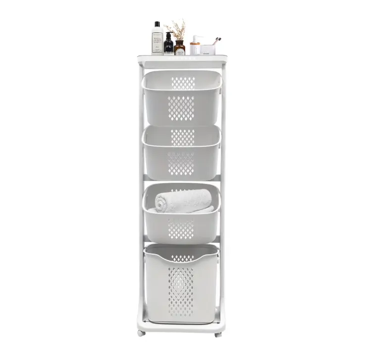 4-Tier Laundry Hamper Sorter, Laundry Storage Organizer with Wheels Removable Rolling Laundry Baskets, Bathroom Cart for Dirty Clothe