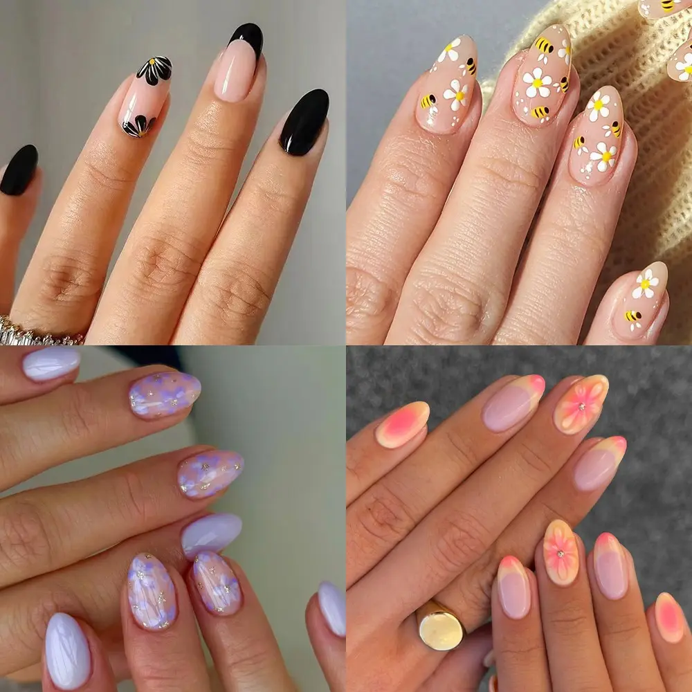 96 Piece Fresh Style Nail Set, Includes Daisy Bee Flower Designs, Jelly Glue Adhesive, Quick Start for Beginners, Women's Daily DIY Manicure, Oval Shape Nails, Nail Kit Set, Nail Art Kits, Nail Art Supplies