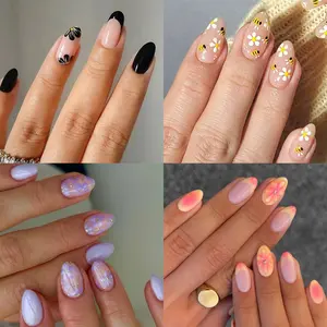 96 Piece Fresh Style Nail Set, Includes Daisy Bee Flower Designs, Jelly Glue Adhesive, Quick Start for Beginners, Women's Daily DIY Manicure, Oval Shape Nails
