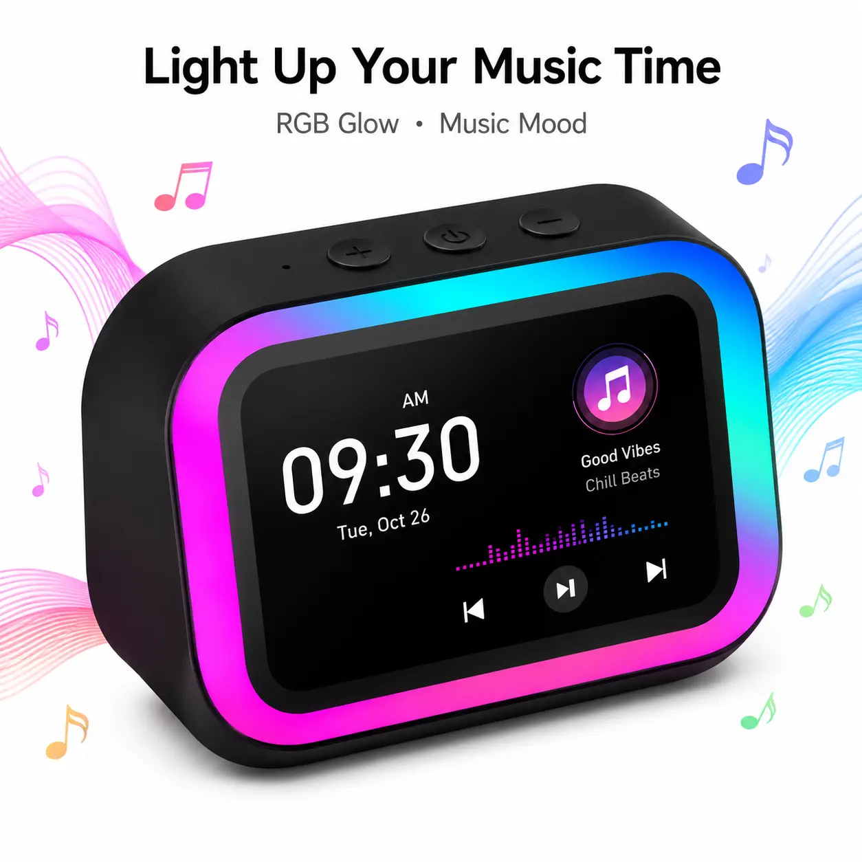 RGB Smart Alarm Clock Speaker - Compact Bluetooth Hi-Fi Stereo Sound Device with Large Display, Wireless Song Playback, Voice Assistant, Smartphone Call Capability, Weather Display, Customizable Wallpaper, Decor for Bedrooms, Daily Living Room Use
