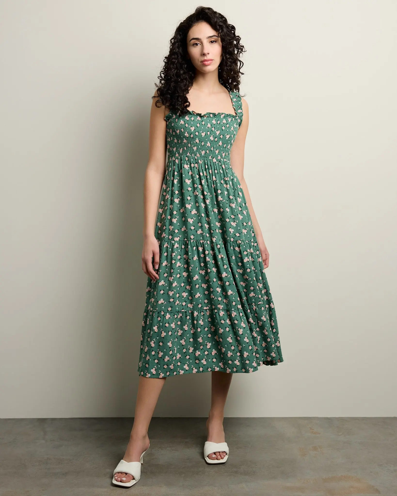 Women's Breathable Viscose Fabric Watercolour Rose Floral Print Slub Texture Ready-to-Wear Midi Dress, Straps, Casual, Cute, Allover Print Style, Smocked