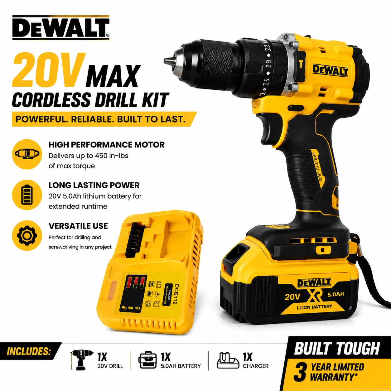 DEWALT Yellow Cordless Drill Set, High Torque Drilling & Screw Driving, Durable Metal Gear + Strong Plastic Housing, Powerful Performance with Lightweight Design & Long Battery Life, Trending DIY Power Tool Kit, Home Repair Garage Workshop Projects