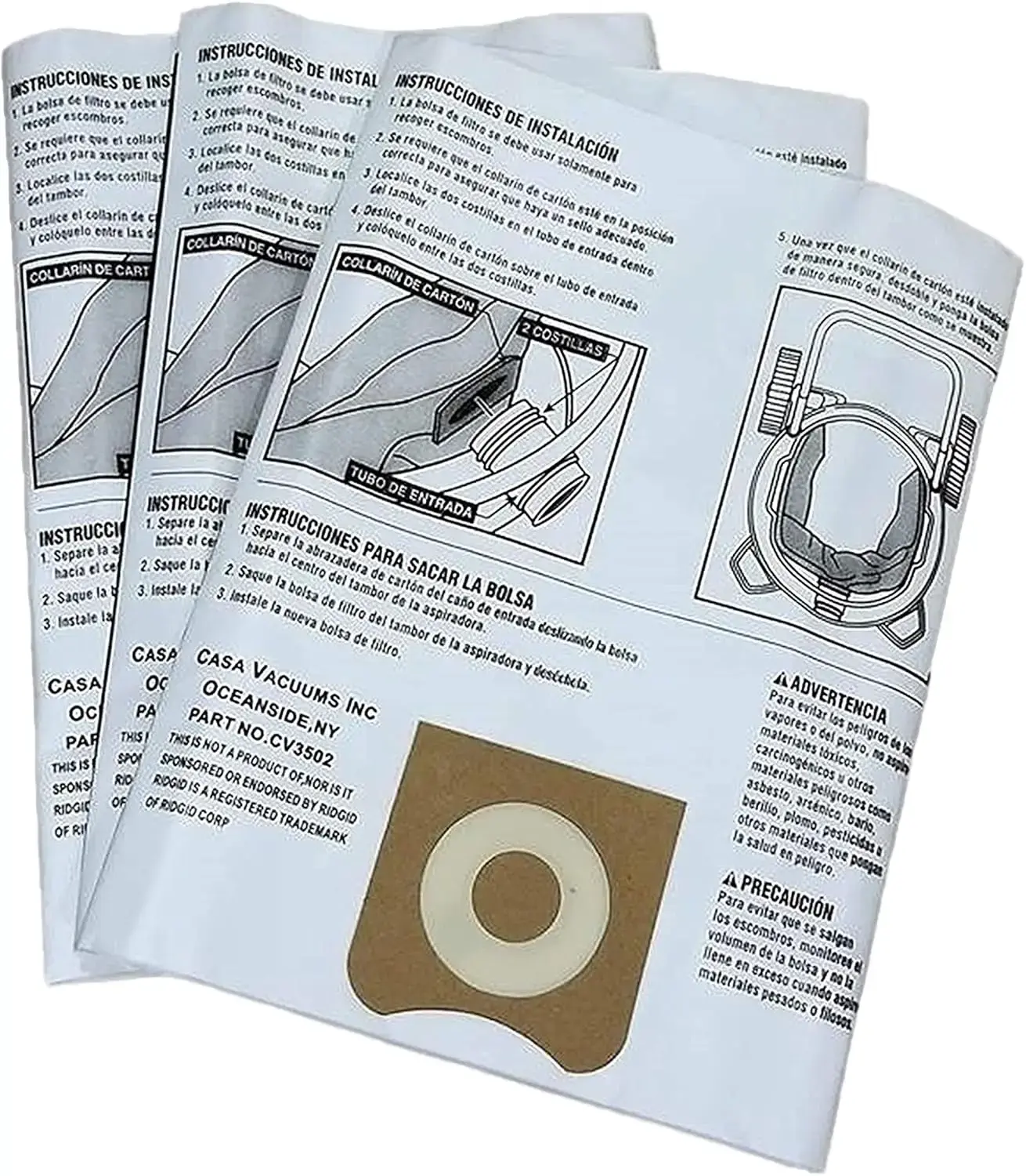 Casa Vacuums 3-Pack RIDGID Compatible 23743 VF3502 12-16 Gallon Wet Dry Vac High-Efficiency Dust Bags, Wet Dry Vacuum Filter Bags.