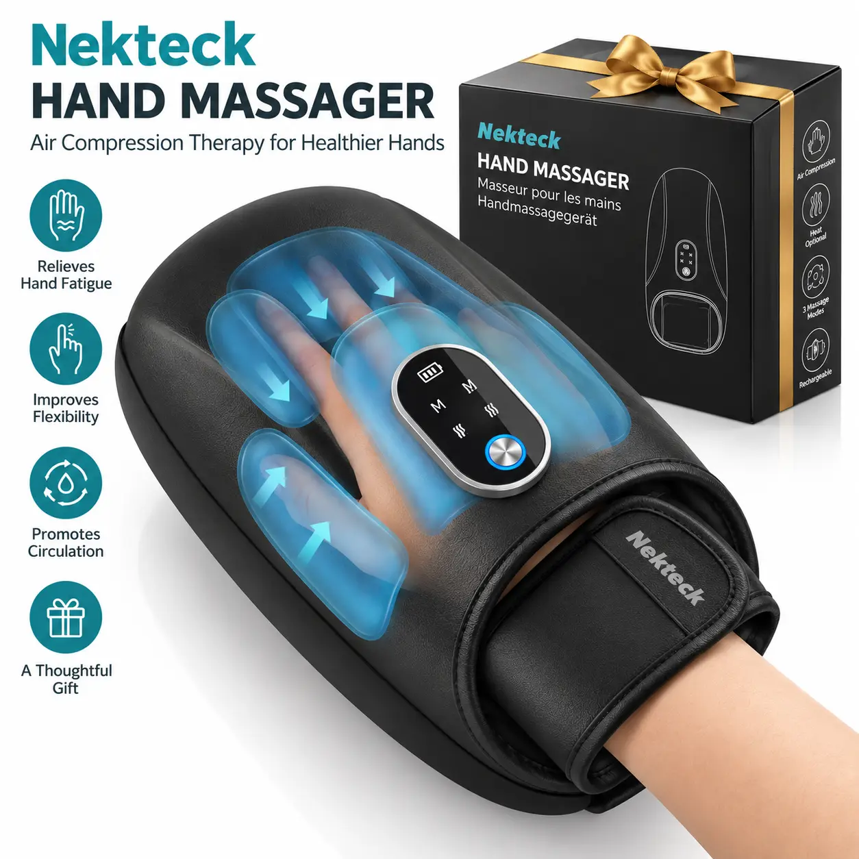 Nekteck Hand Massager with Heat and Compression, 6 Massage Mode, Massage for Wrist, Palm and Finger, Gifts for Women Men (Rechargeable)