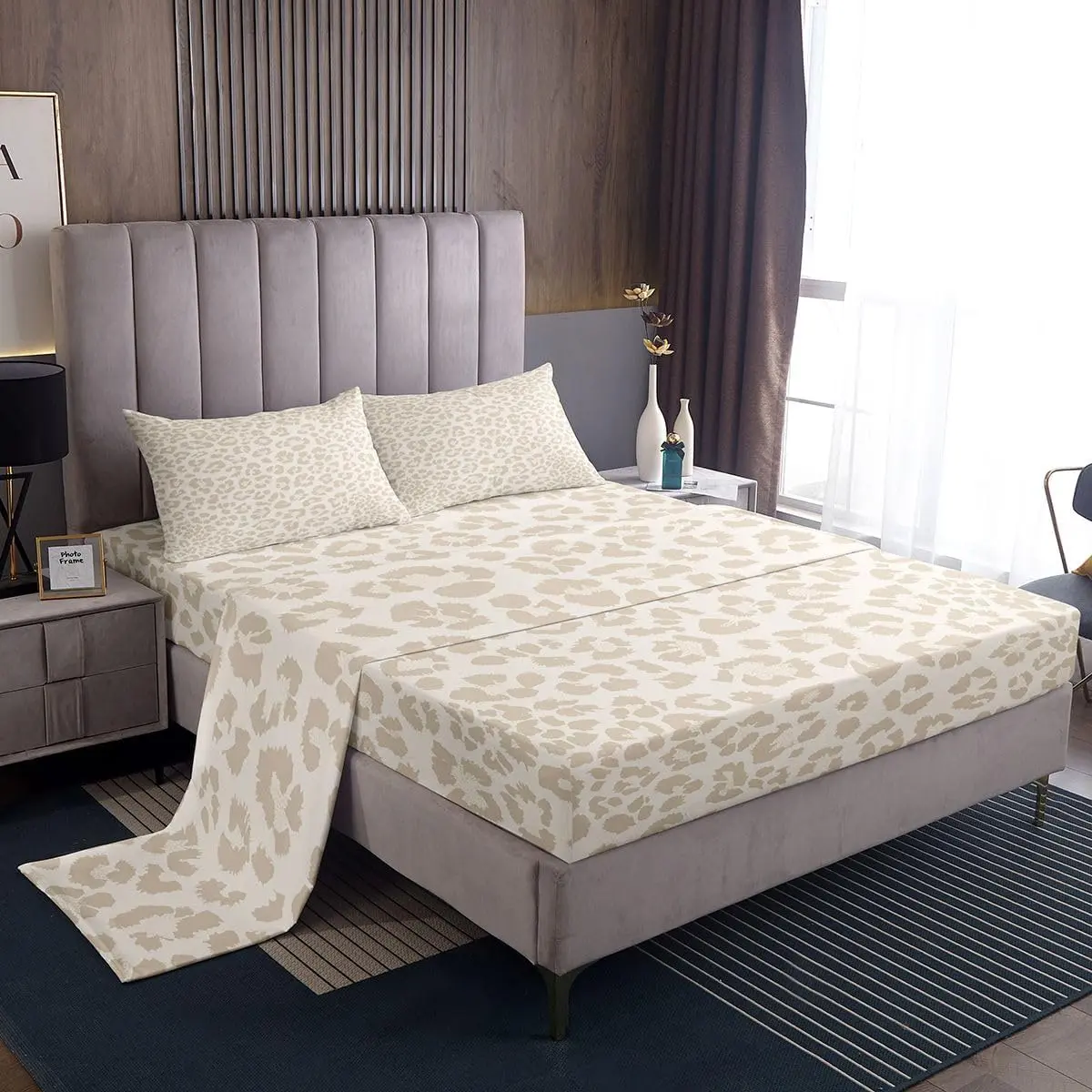 Beige Leopard Bed Sheets Sets Safari Cheetah Bedding Set Animal Print Bed Sheet Set 16-Inch Deep Pockets
