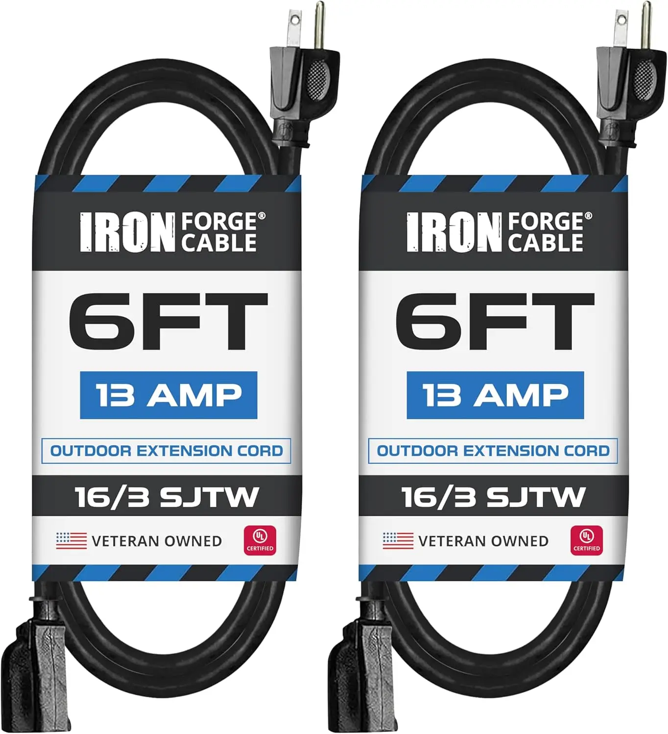IRON FORGE CABLE 2 Pack of 6 Ft Outdoor Extension Cords - 16/3 Heavy Duty Black Extension Cord Pack | 16/3 SJTW Cable, 2 Pack, 3 Prong Grounded Plug, 13 Amp - for Landscaping, Leaf Blowers, Lights, Appliances