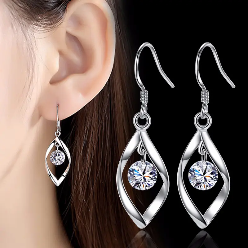Women's Silver Teardrop Dangling Earrings - Hypoallergenic, Nickel-Free, Sparkly Crystal Hook Earrings, Elegant Daily Female Fashion Jewelry