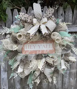 Handcrafted Deco Mesh And Floral Wreath With Ribbon And Metal Sign Embellishment