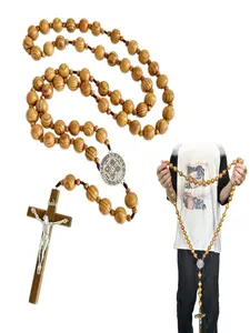 Handmade Wooden Wall Cross with San Benito Medal, 40 Inch Large Crucifix, Big Brown Wood Rosary Beads Catholic Wall Decor Catholic Gifts, Religious Home Decor, Wooden Cross Decorations
