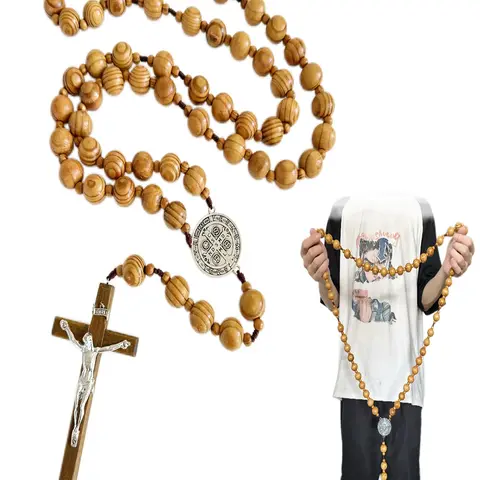 Handmade 40-Inch Large Wooden Wall Rosary with St. Benedict Medal and Crucifix, Catholic Religious Wall Decor Gift, Ornate Religious Decor