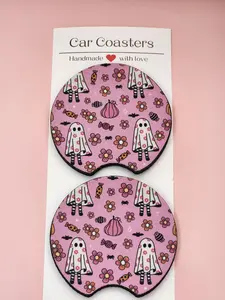 Pink Ghost Car Coasters - High Quality Neoprene Material - Pack of 2 - Ink, Fabric