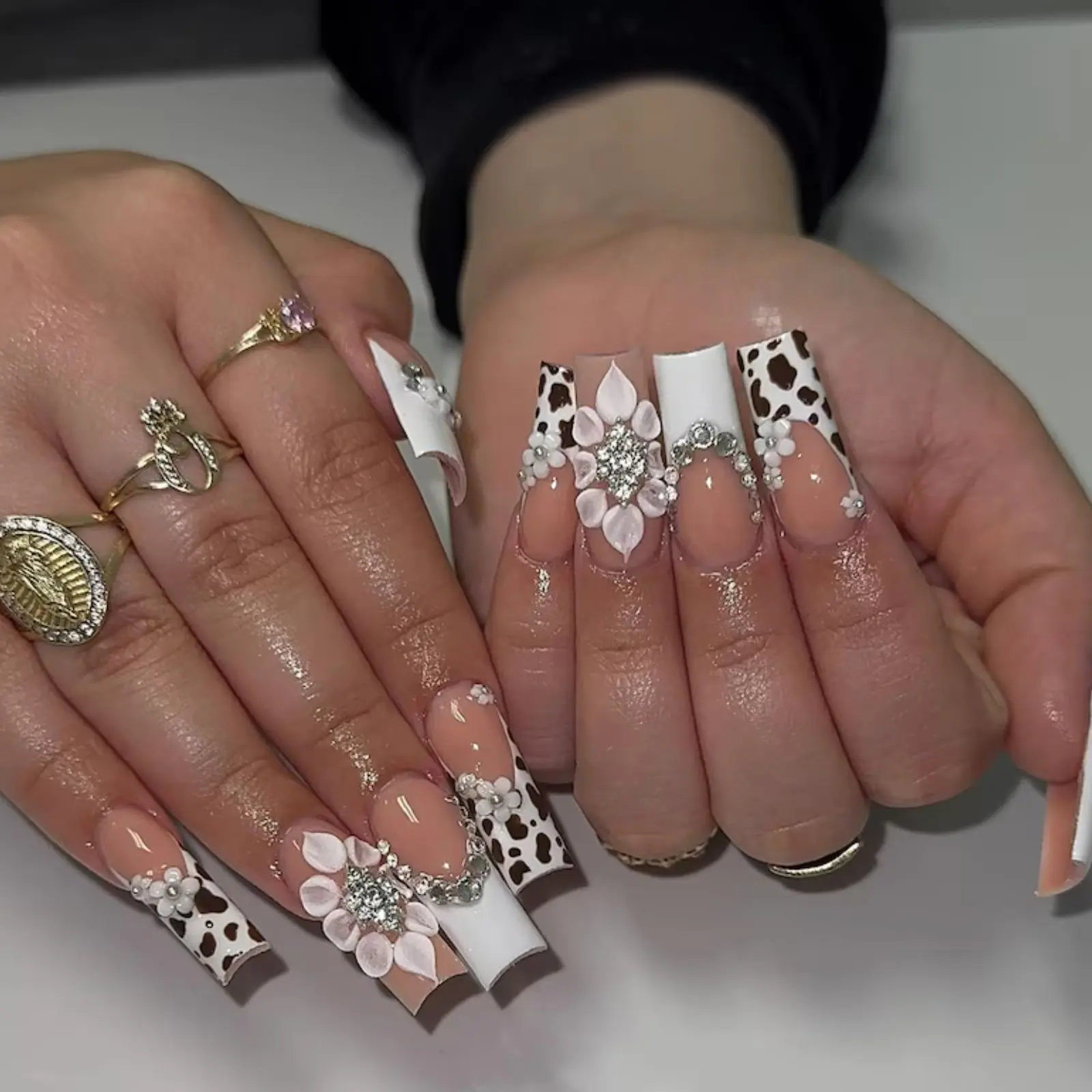 Cow Print 3D Flower Press On Nails | Coquette French Tip Nails | Rhinestone Floral Nail Set | Y2K Glam False Nails
