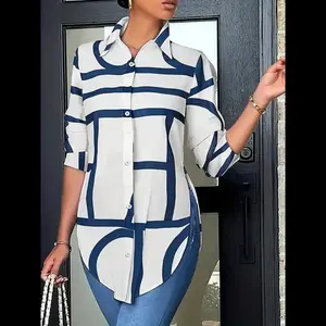 Women's Geometric Print Button Front Split Hem Shirt, Casual Aesthetic Elegant Top, Long Sleeve Collared Blouse for Daily Wear, Ladies Clothes for All Seasons, Womenswear, Long Sleeve Shirts