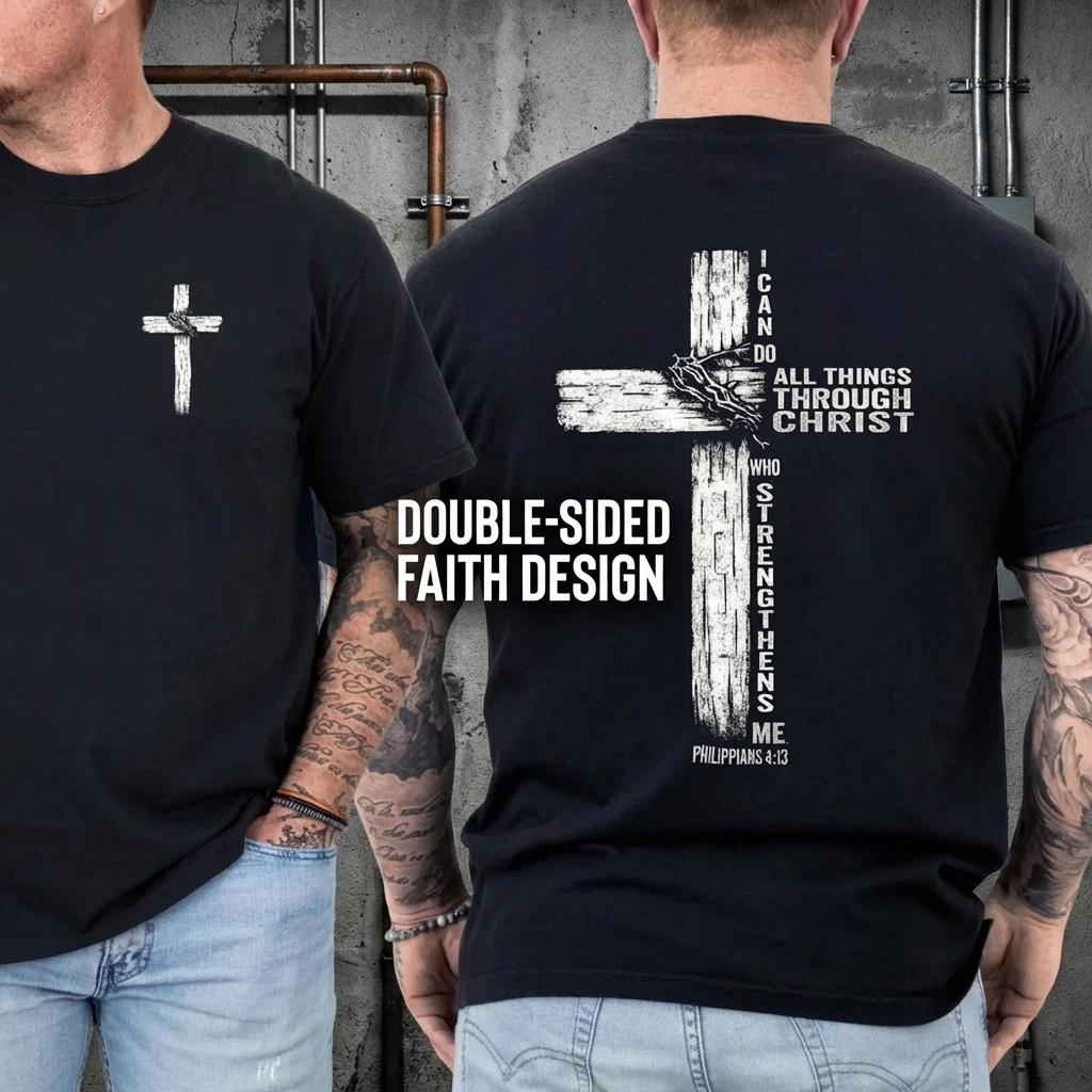Double Sided Faith Quote Washed T-Shirt – Philippians 4:13 Christian Cross Graphic Tee Sports T-shirt, regular fit, casual and stylish T-shirt, suitable for everyday wear, a men's top suitable for all seasons.