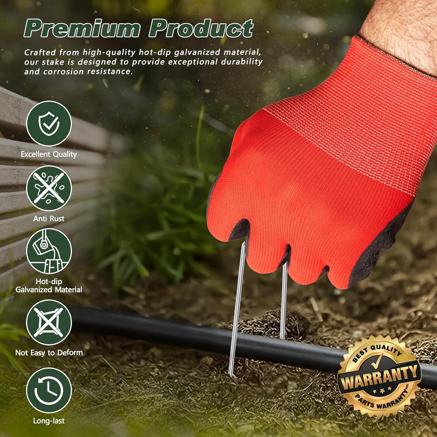 50-Pack 6 Inch Garden Staples with 50pcs Fixing Gaskets and 1pc Pick Hook U-Shaped Landscaping Stakes Heavy Duty Weed Barrier Fabric Pins Sod Pegs Lawn Anchors