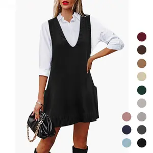 Women's Sleeveless V Neck Knit Sweater Vest Dress Casual Pullover with Side Pockets for Spring Basic Minimalist Womenswear