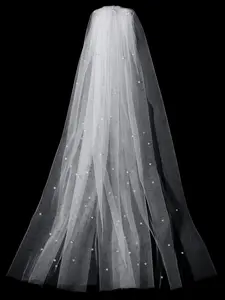 Bride Headscarf with Hair Comb, Artificial Pearl Embellished Wedding Proposal Party Headwear, Adult Formal Accessory, Trailing Veil