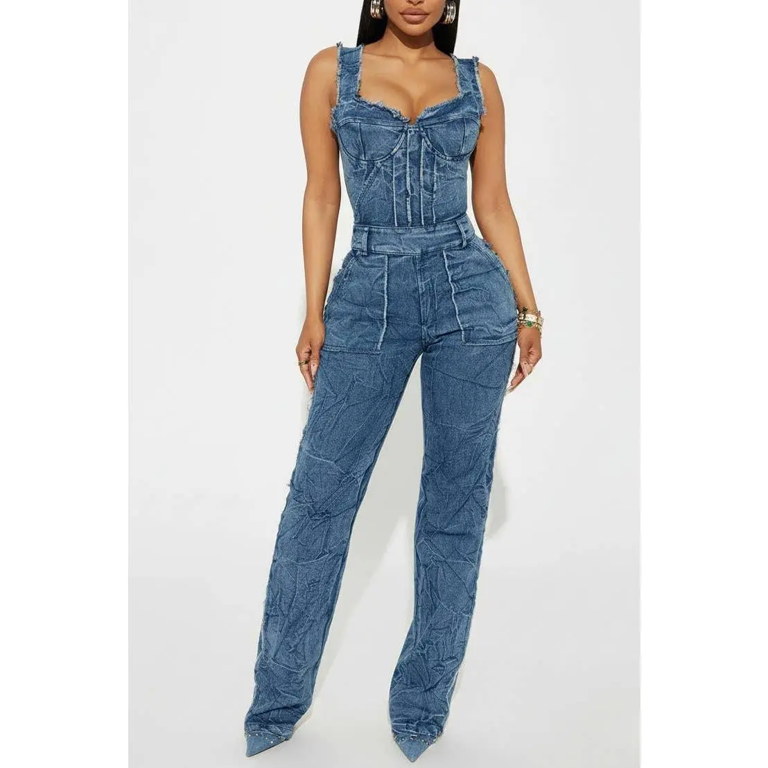 STRAIGHT LEG STRETCH DENIM WASHED JUMSUIT