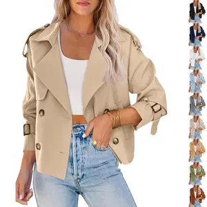 ARTFREE Women Short Double Breasted Trench Coat Raglan Sleeve Work Office Cropped Jacket With Pockets