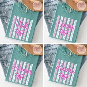 Comfort Colors All States Bow Shirt, Coquette Aesthetic State Tee, Floral Stripe Ribbon Graphic T-Shirt, Personalized Gift for Her, USA State Pride Gift – DPCLICK