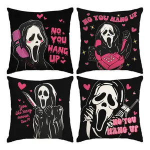 4pcs Halloween Pillow Cover, Black Horror Face Killer Party Decoration Pillowcase, Scream Single sided Printed Pillow Cover, Suitable for Bedroom, Living Room, Sofa, Bed, Car Decoration Pillow Cover, Halloween Decoration (No Pillow Core)